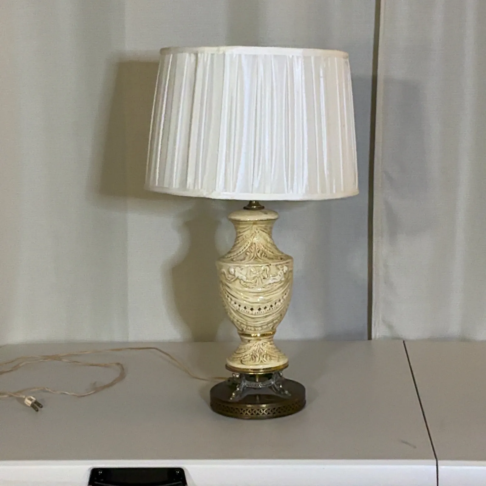 Ornate Ivory Ceramic Table Lamp with Pleated Shade