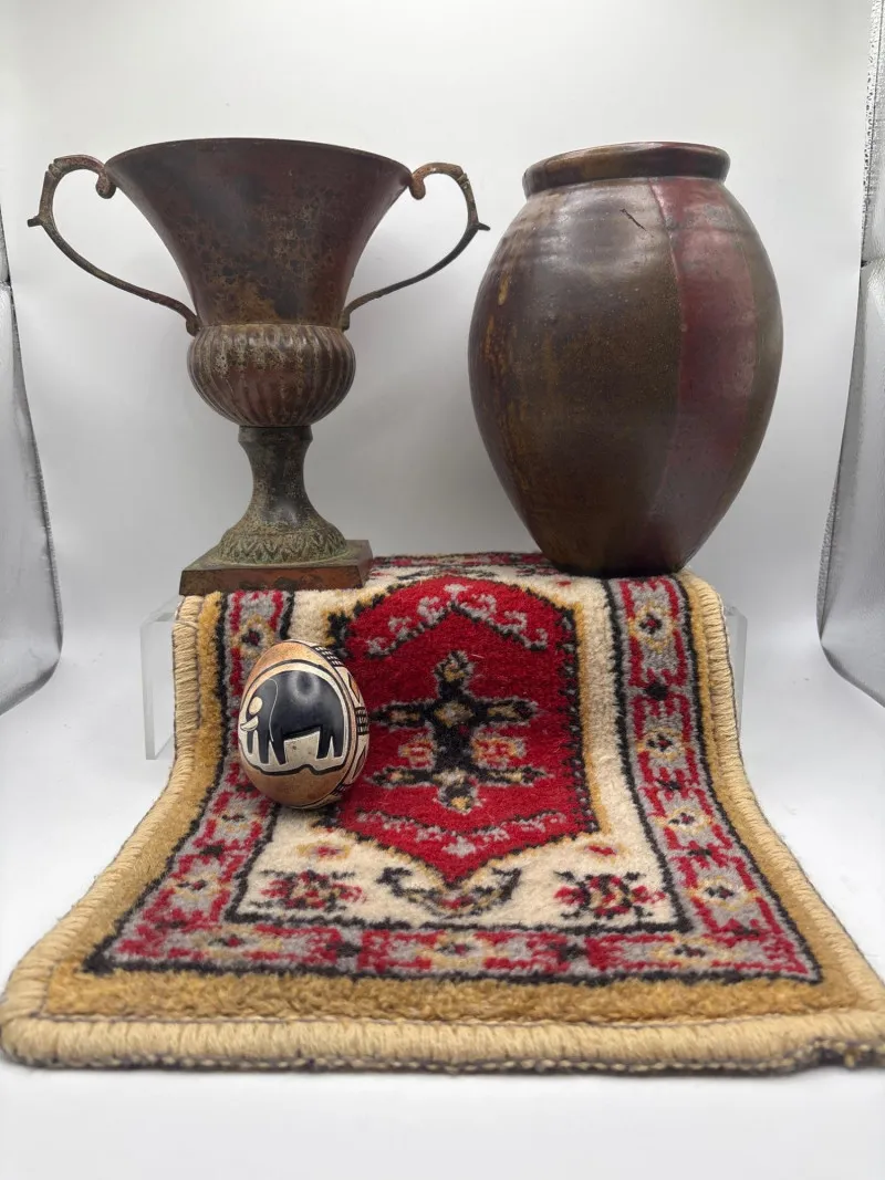 Decorative Urn Pottery Vase Kenya Elephant Egg & Mini Rug Lot - Spring Treasure Auction – Vintage Finds & New-In-Box Surprises. | Ocean Bid Auction