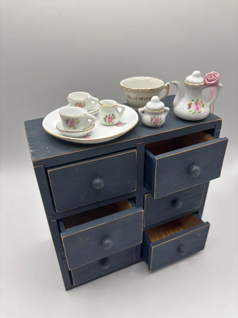 Mini Wooden 6 Drawer Doll Dresser w/ Mini Tea Set Teapot Cup Plates - Spring Treasure Auction – Vintage Finds & New-In-Box Surprises. | Ocean Bid Auction