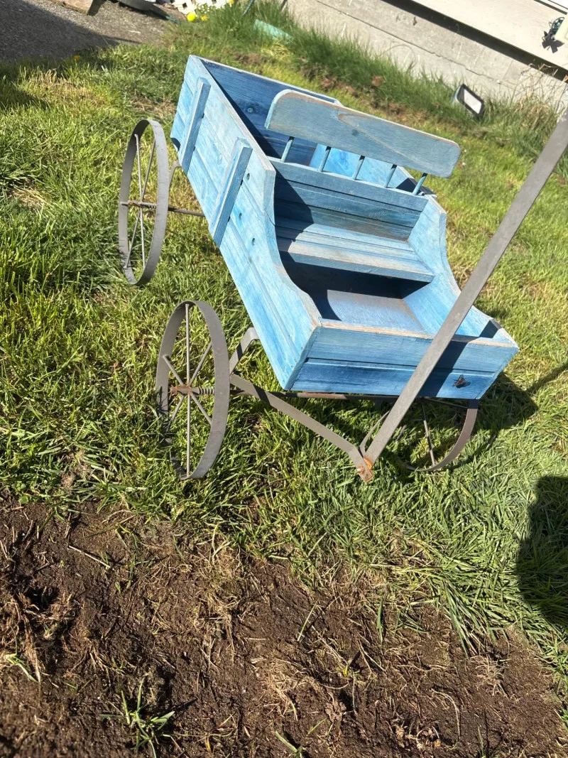 Rustic Wooden Garden Cart Planter w/ Metal Wheels Farmhouse Decor - Spring Treasure Auction – Vintage Finds & New-In-Box Surprises. | Ocean Bid Auction