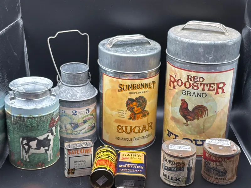 Vintage Advertising Tin Lot Red Rooster Sunbonnet Sugar Milk Cans - Spring Treasure Auction – Vintage Finds & New-In-Box Surprises. | Ocean Bid Auction