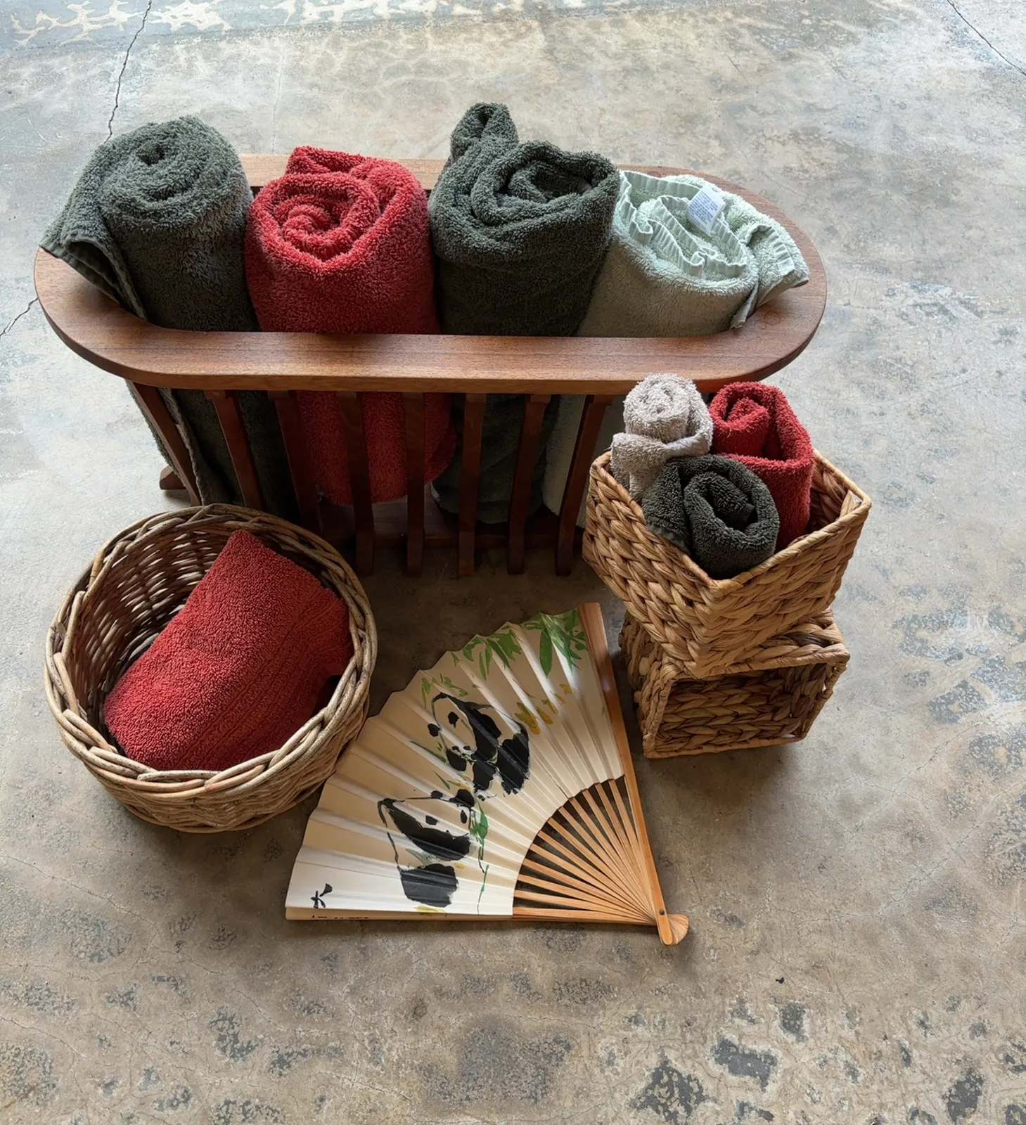 Bath Towel Set Wood Rack Woven Baskets Panda Fan