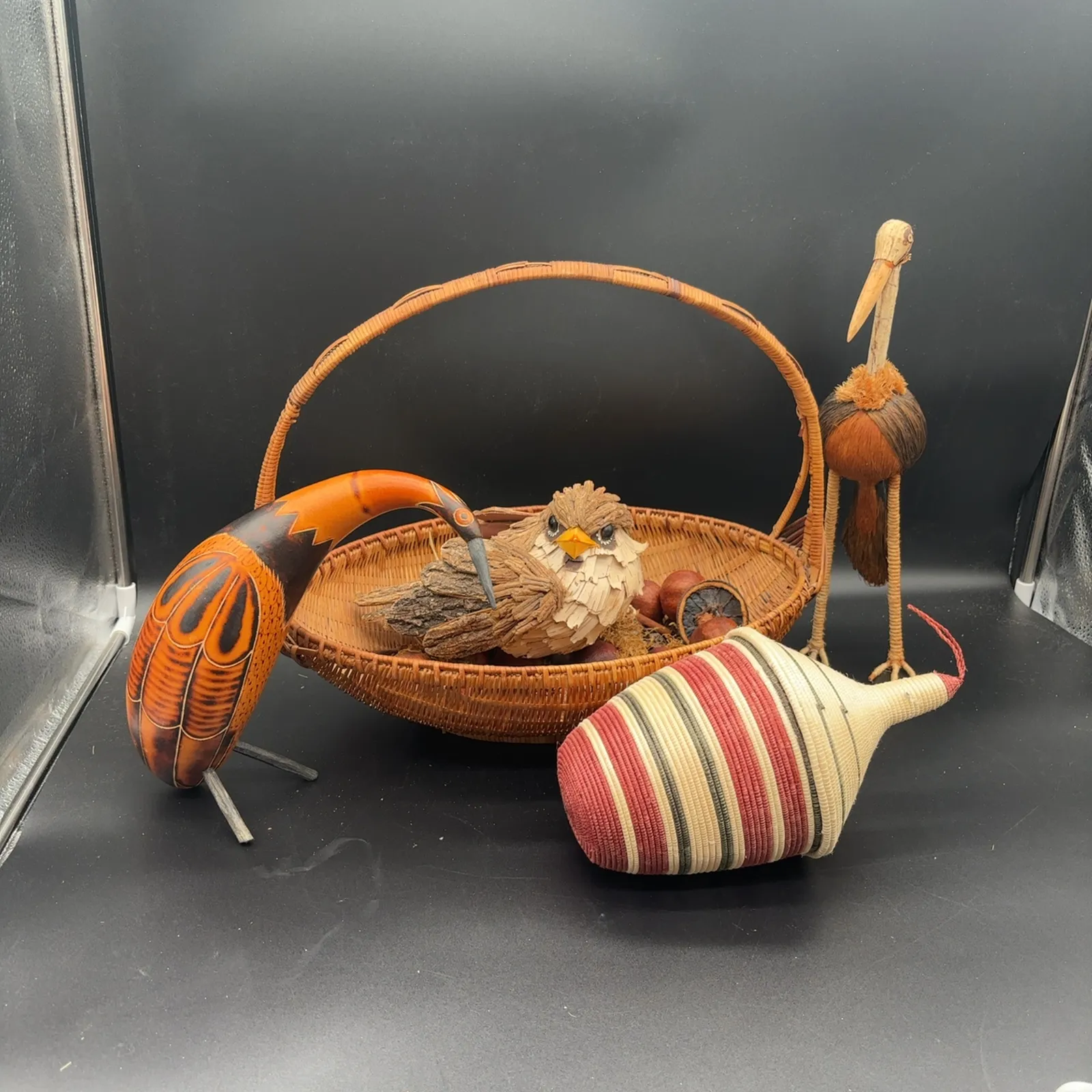 Natural Fiber Bird Figures and Woven Baskets