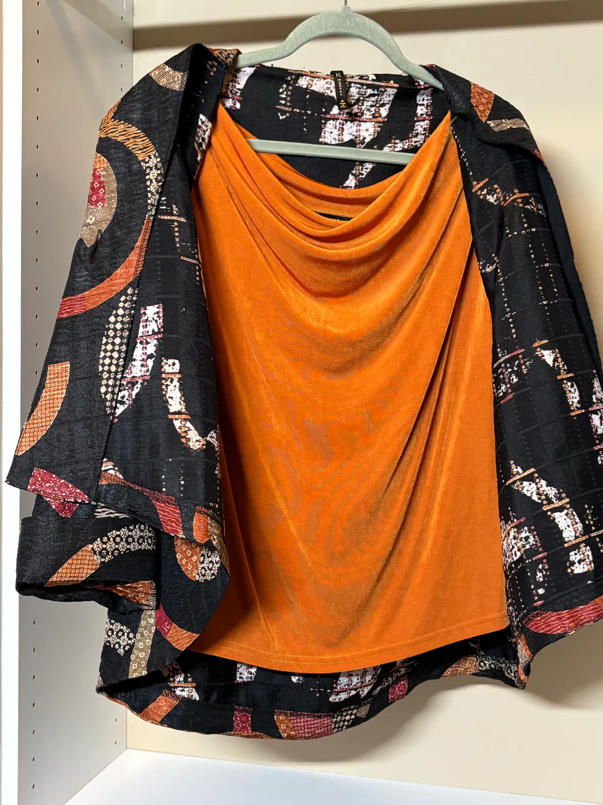 colorful kimono-style jacket with orange lining