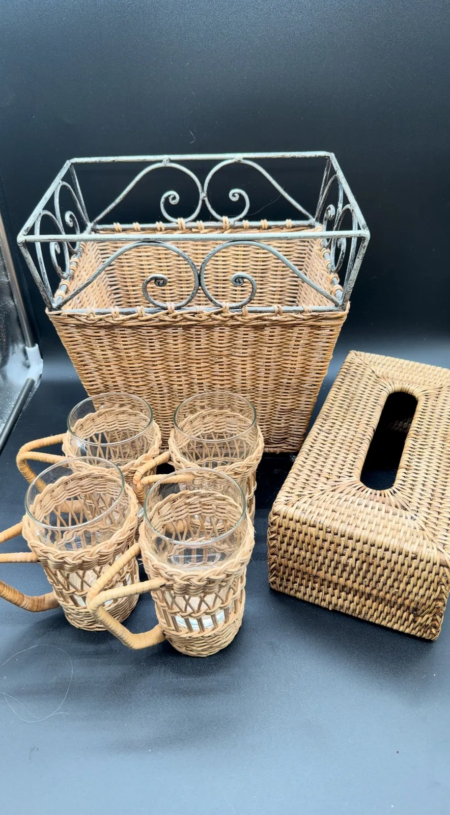 Wicker Bathroom Set Tissue Cover 4 Wrapped Glasses