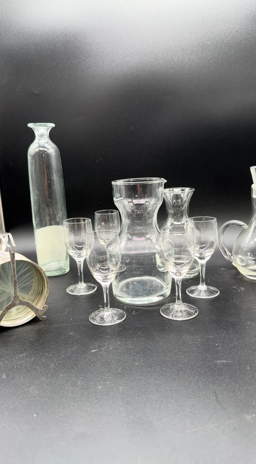 Mixed Glassware Decor Lot with Stemware and Carafes