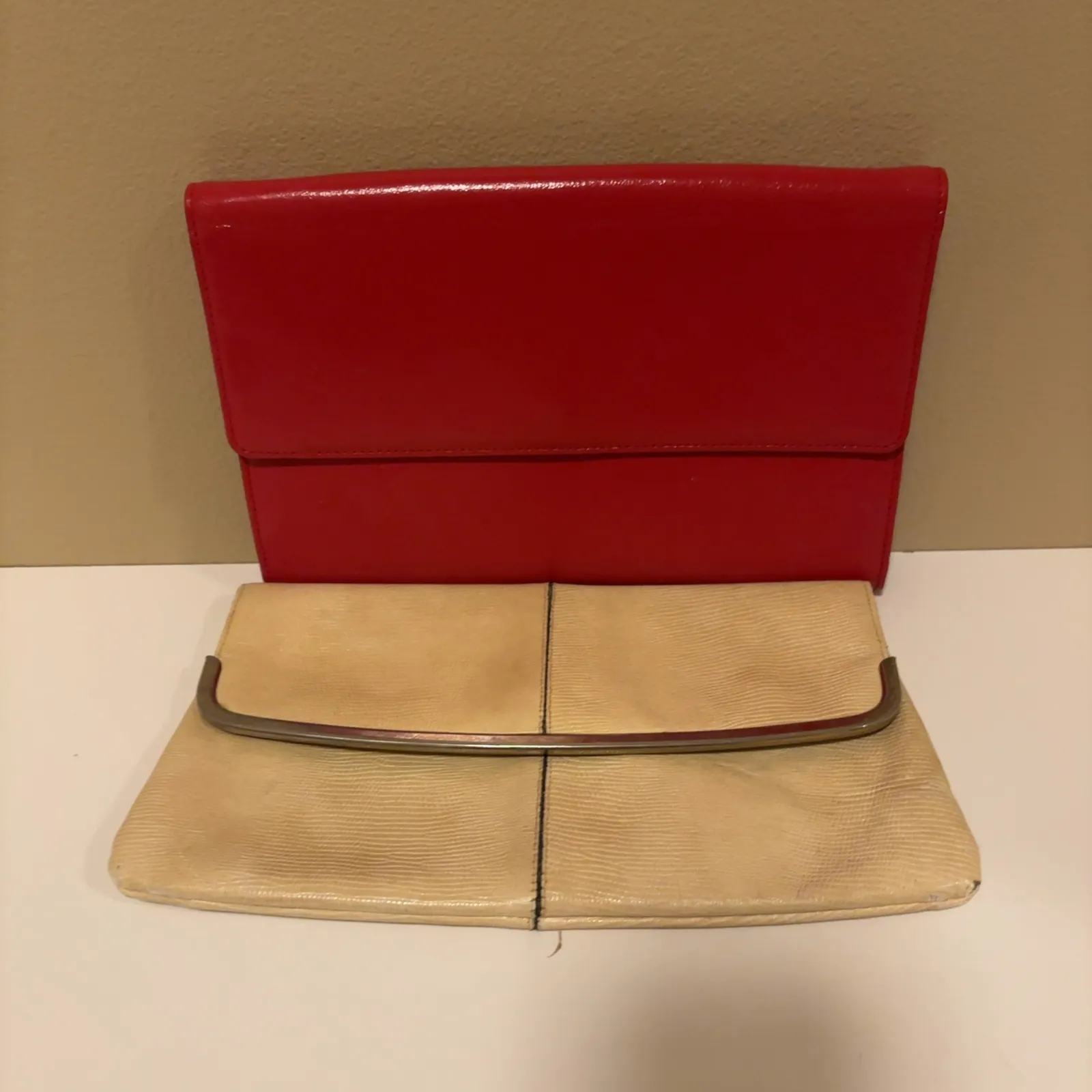 Philippe Beige Clutch and Red Chain Wallet Bag