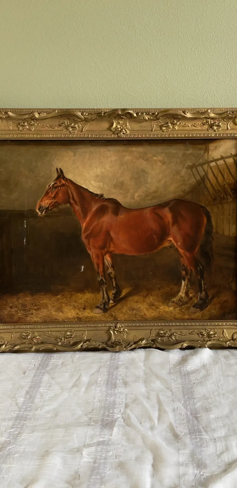 Framed Chestnut Horse Stable Scene Painting