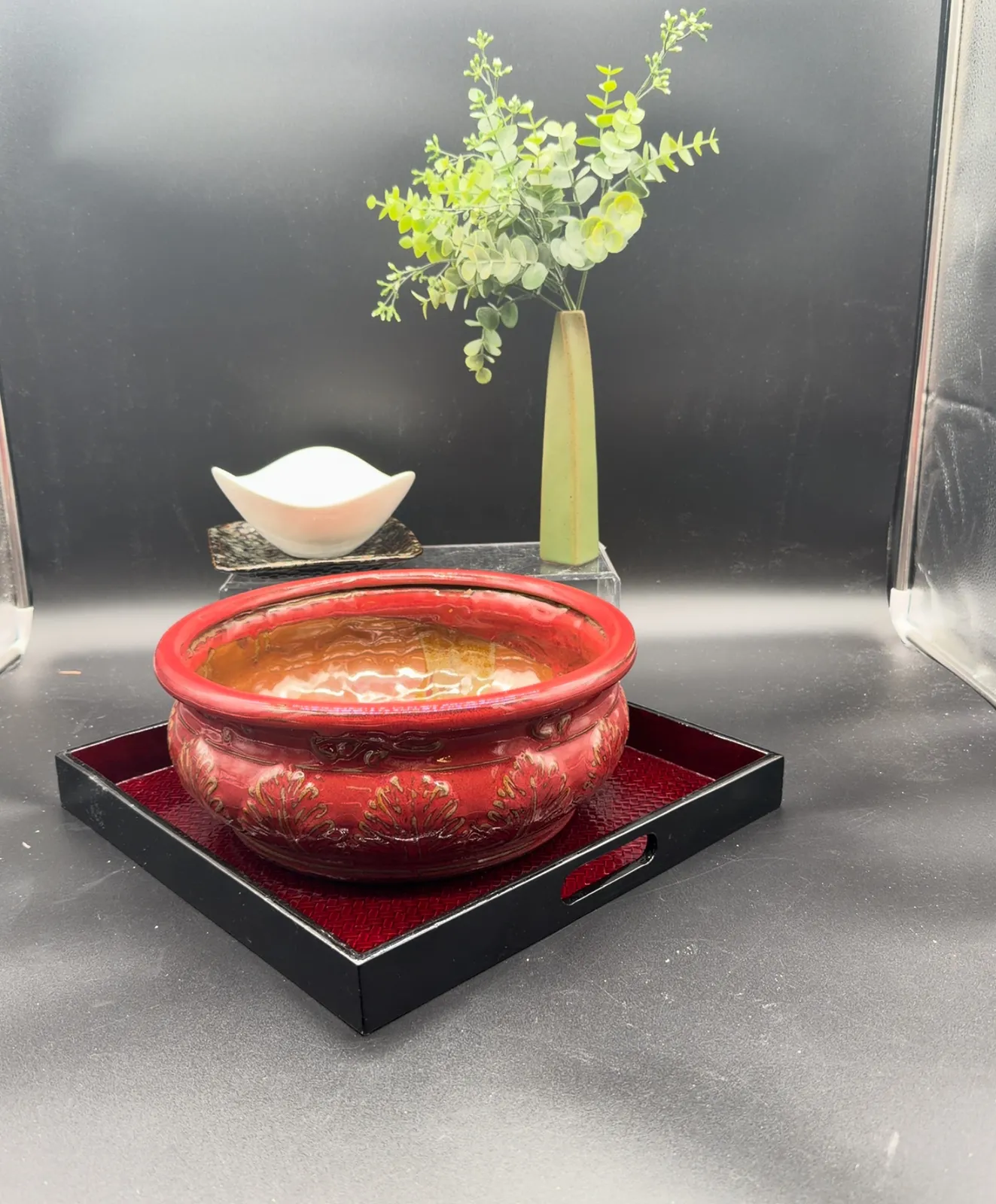 decorative red pottery bowl with tray